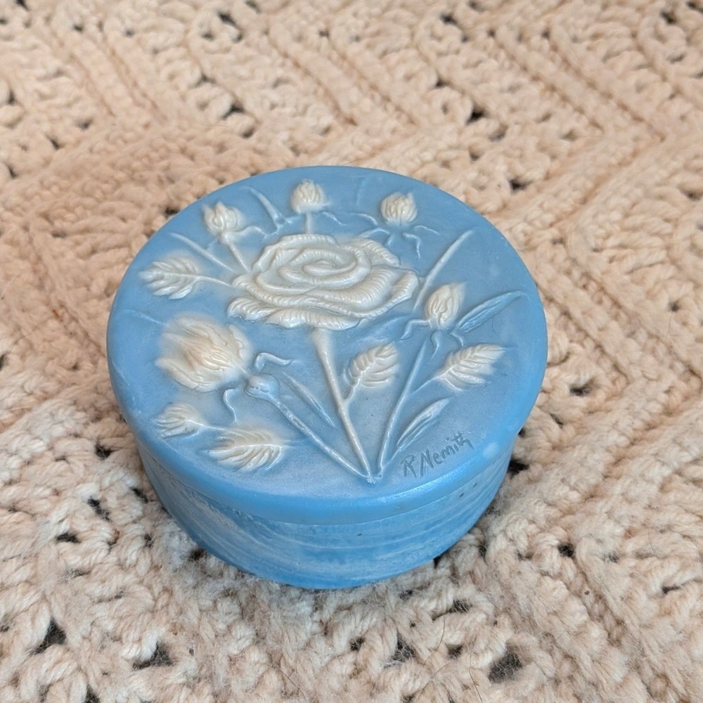 Vintage Design Gifts Blue Incolay White Rose Trinket Box R Nemith Signed 3.25"